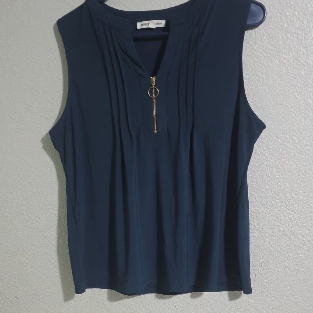 Dark Blue Sleeveless Blouse with Gold Zipper